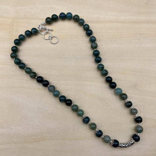 925 SS Classic Green Color Moss Agate Bead Necklace