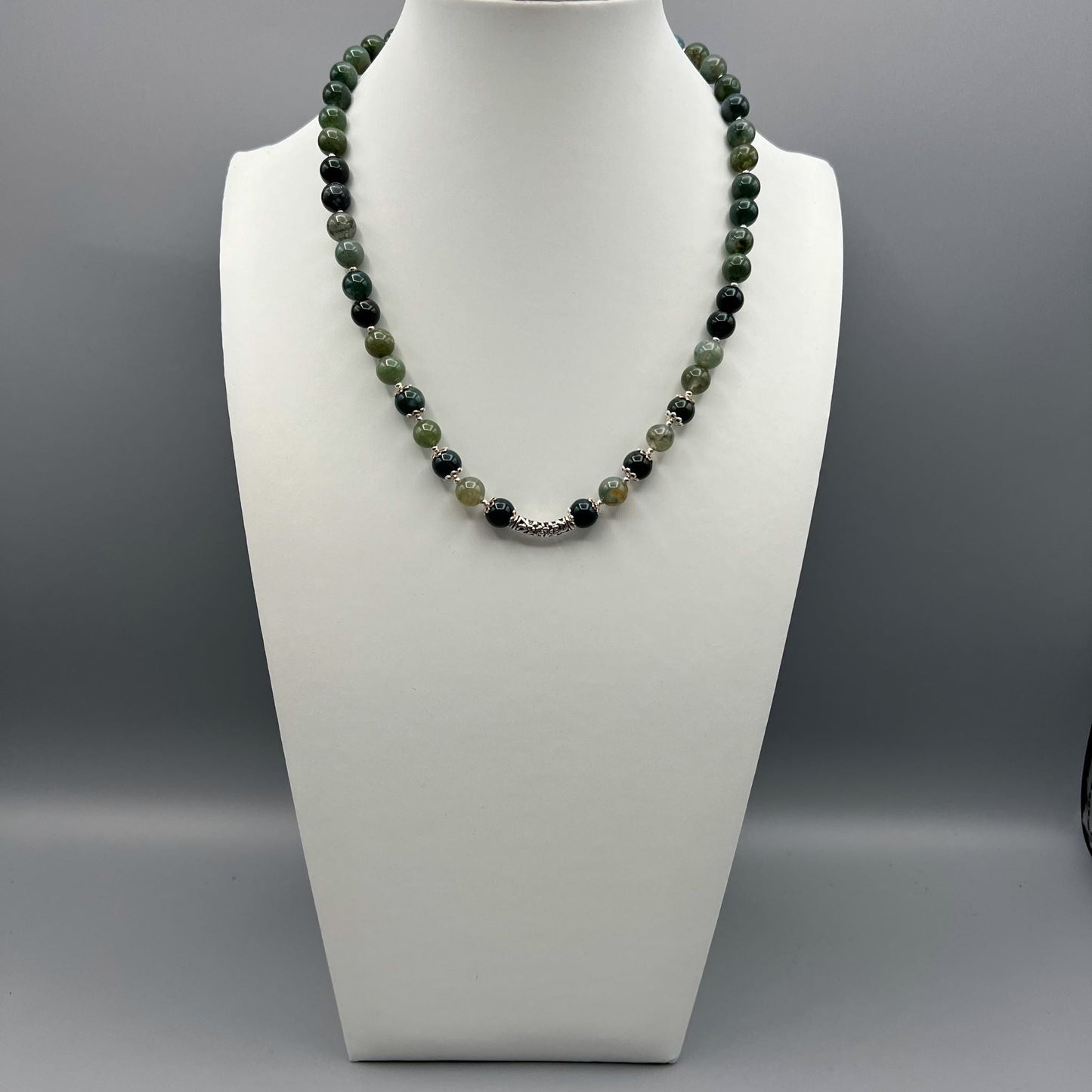 925 Silver Classic Handcrafted Green Moss Agate Single Strand Bead Necklace