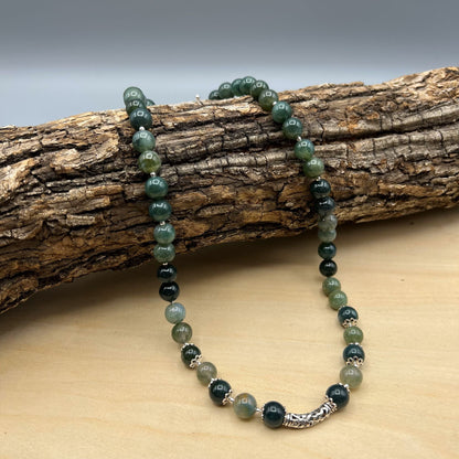 925 Silver Classic Handcrafted Green Moss Agate Single Strand Bead Necklace