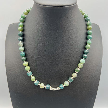 925 Silver Classic Handcrafted Green Moss Agate Single Strand Bead Necklace