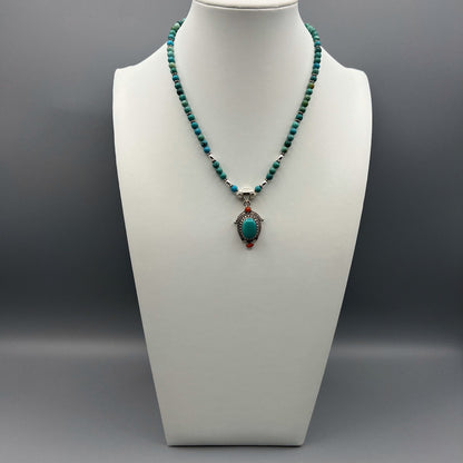 925 Silver Dainty Handcrafted Blue African Turquoise & Red Coral Single Strand Bead Necklace