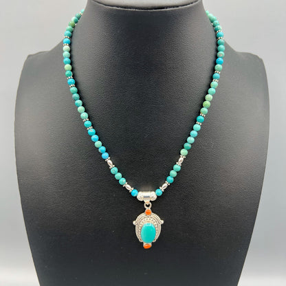 925 Silver Dainty Handcrafted Blue African Turquoise & Red Coral Single Strand Bead Necklace