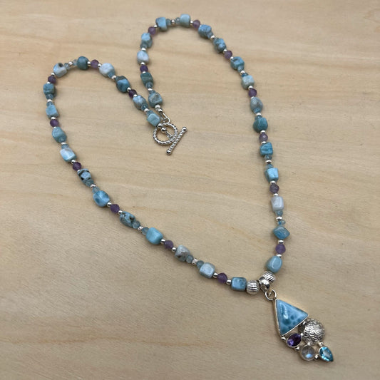 925 SS Trendy Blue Color Larimar Bead Necklace