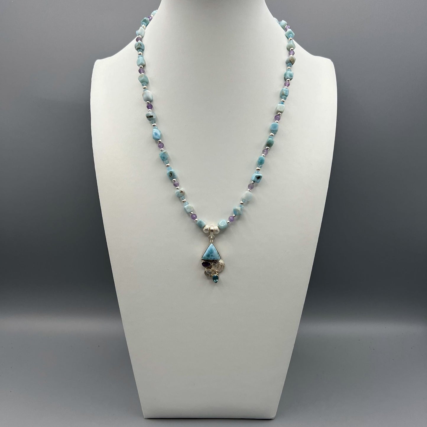 925 Silver Trendy Handcrafted Blue Larimar Nuggets & Multi Gemstone Single Strand Bead Necklace