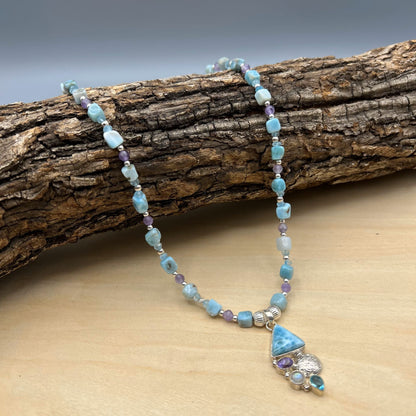 925 Silver Trendy Handcrafted Blue Larimar Nuggets & Multi Gemstone Single Strand Bead Necklace