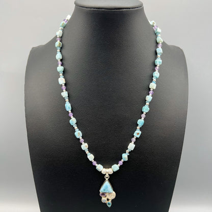 925 Silver Trendy Handcrafted Blue Larimar Nuggets & Multi Gemstone Single Strand Bead Necklace