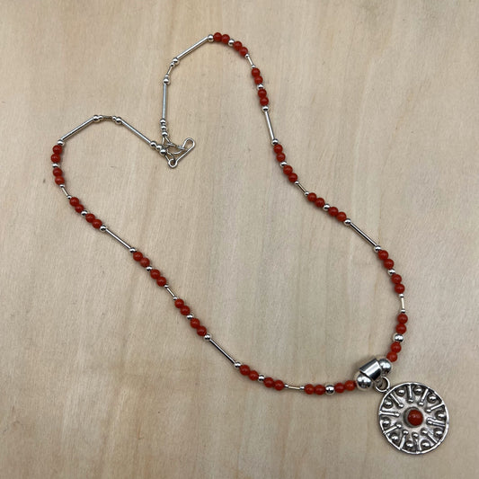 925 SS Dainty Red Color Coral Bead Necklace